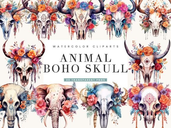 Download Watercolor Animal Boho Skull Clipart - Anima Collection