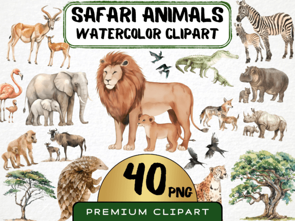 Download Watercolor Safari Animals Clipart 40 PNG - Anima Collection