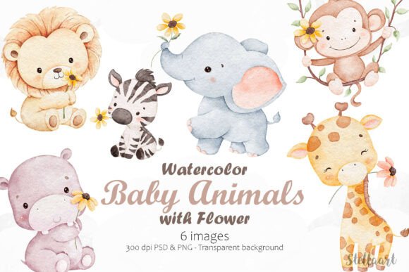 Download Watercolor Baby Animals with Flower - Anima Collection