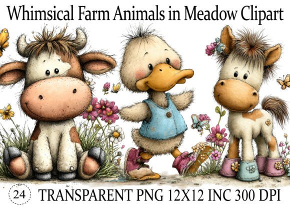 Download Whimsical Farm Animals in Meadow Clipart - Anima Collection