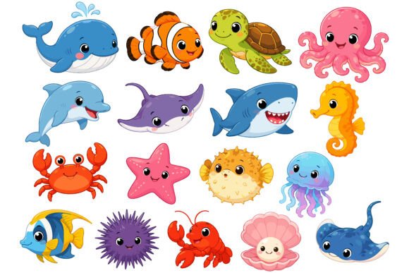 Download Cute Kawaii Sea Animals Clipart Set - Anima Collection