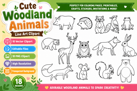 Download Cute Woodland Animals Line Art Clipart - Anima Collection