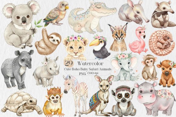 Download Watercolor Cute Boho Baby Safari Animals - Anima Collection
