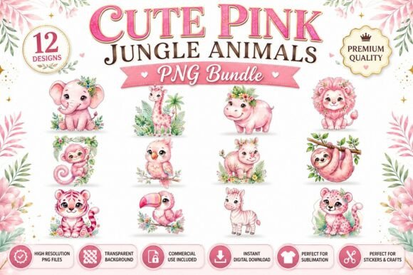 Download Cute Pink Jungle Animals PNG Clipart Set - Anima Collection