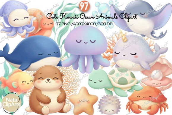 Download Cute Kawaii Ocean Animals Clipart Set - Anima Collection
