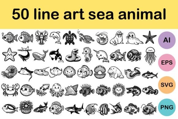 Download 50 Line Art Sea Animal - Anima Collection
