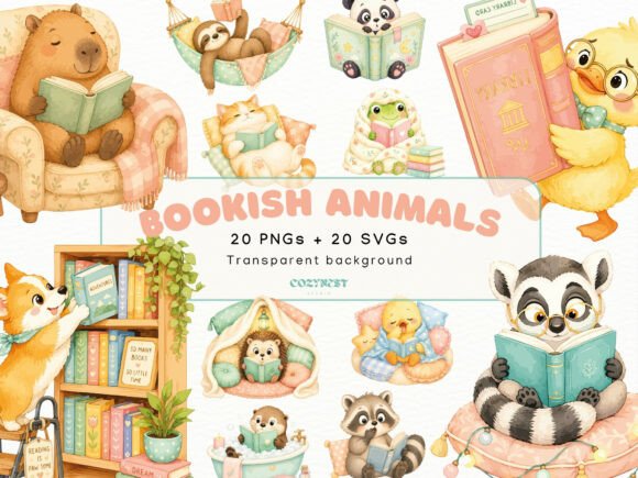 Download Bookish Cute Animals Watercolor Cliparts - Anima Collection